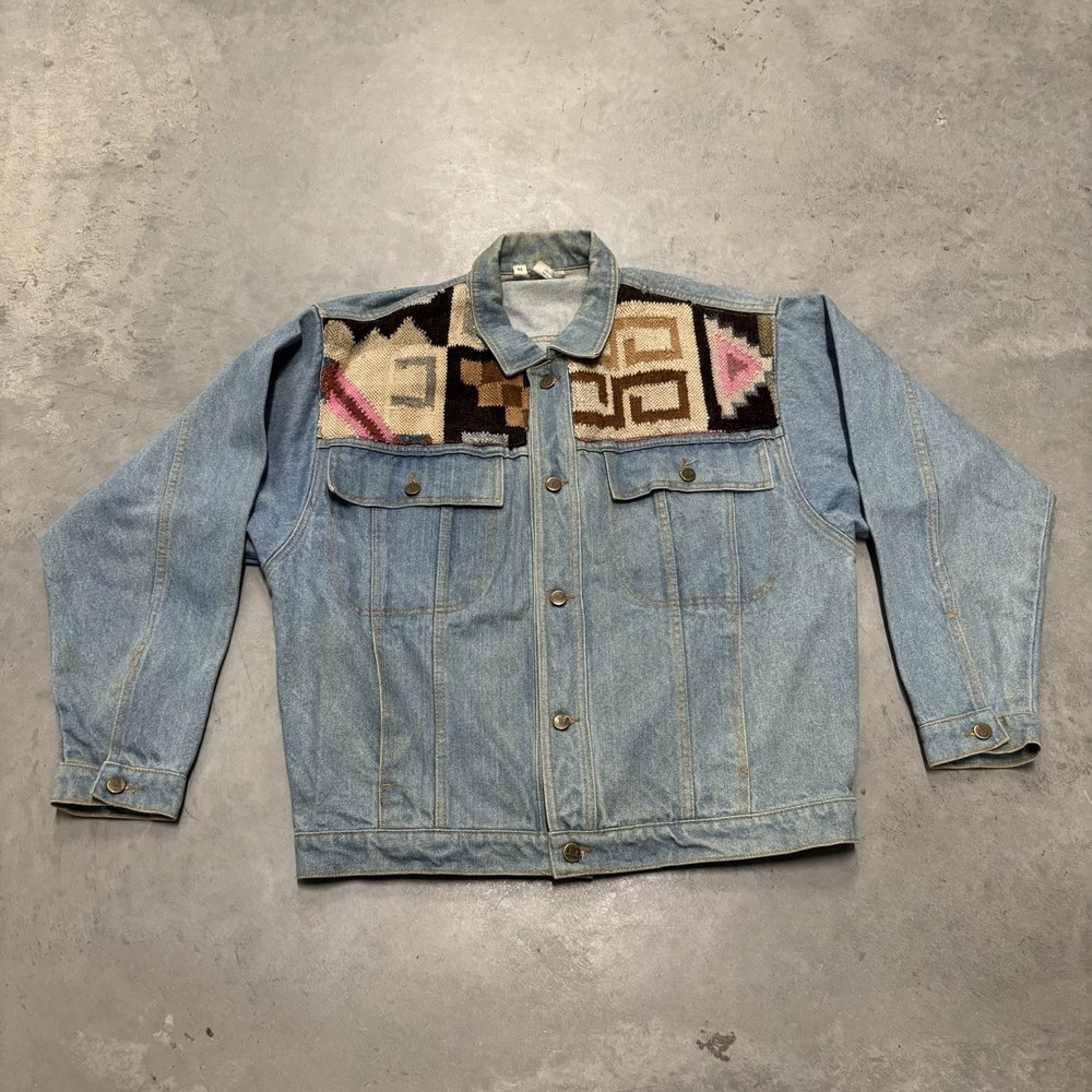Vintage‎ Denim Jacket Southwest Multicolored Patchwork Design Medium Button Up
